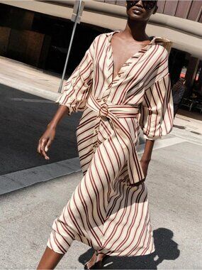 New Tags Zara Maroon Red and White Striped Belted Midi Dress Size S